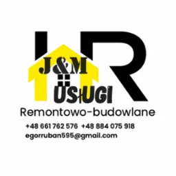 Logo firmy remontowo-budowlanej J&M Usługi z żółtym symbolem domu i czarnymi inicjałami HR, numerami telefonów i adresem e-mail.
