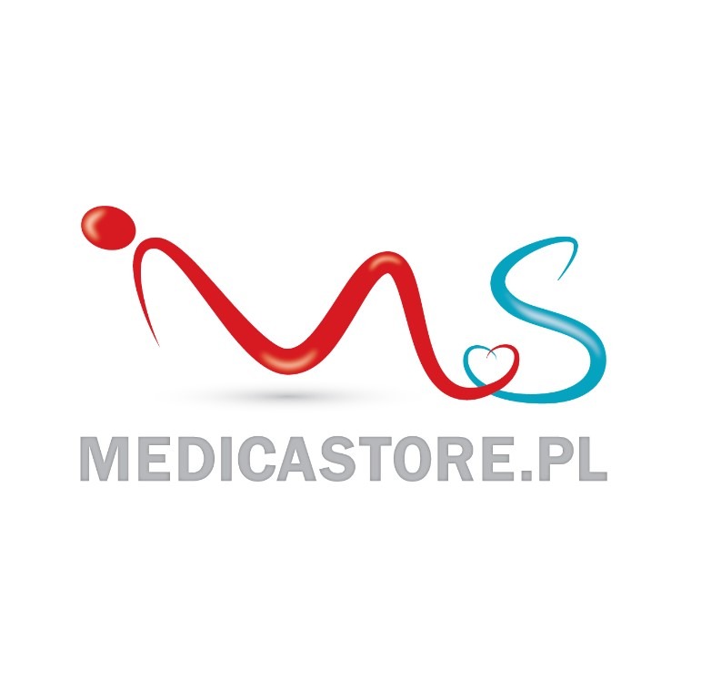 Logo firmy Medicastore.pl z czerwonym elementem przypominającym literę 'M' i niebieskim 'S' zakończonym sercem.