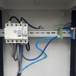 Wnętrze skrzynki elektrycznej z zamontowanymi bezpiecznikami EATON, listwami zaciskowymi i podłączonymi przewodami o różnych kolorach, zamontowane na szynie DIN.