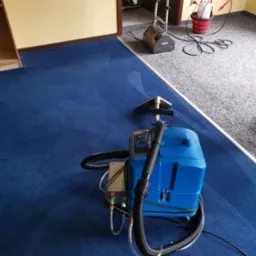 Profesjonalny sprzęt do czyszczenia na tle świeżo wypranego, intensywnie niebieskiego dywanu w pomieszczeniu z szarą podłogą w tle.