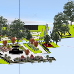 EuNike Architektura Krajobrazu Eunika Wiatr - Wizualizacja 3D ogrodu z fontanną, drzewami i elementami małej architektury. Widok z góry, prezentujący układ ścieżek, rabat i stref relaksu.