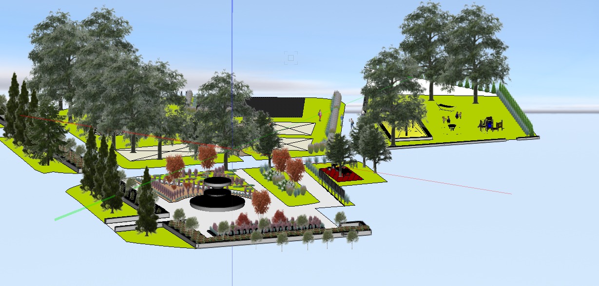 Wizualizacja 3D ogrodu z fontanną, drzewami i elementami małej architektury. Widok z góry, prezentujący układ ścieżek, rabat i stref relaksu.