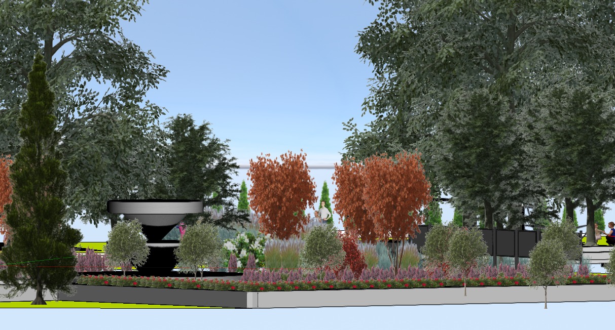 Wizualizacja ogrodu z fontanną, drzewami i kwiatami. Widoczne osoby siedzące na ławce. Realistyczny projekt zagospodarowania przestrzeni.