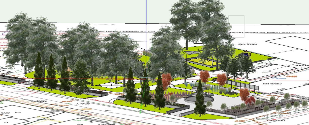 Projekt zagospodarowania terenu zieleni z drzewami, fontanną i elementami małej architektury, naniesiony na plan działki. Grafika prezentuje wizję przyszłego ogrodu.