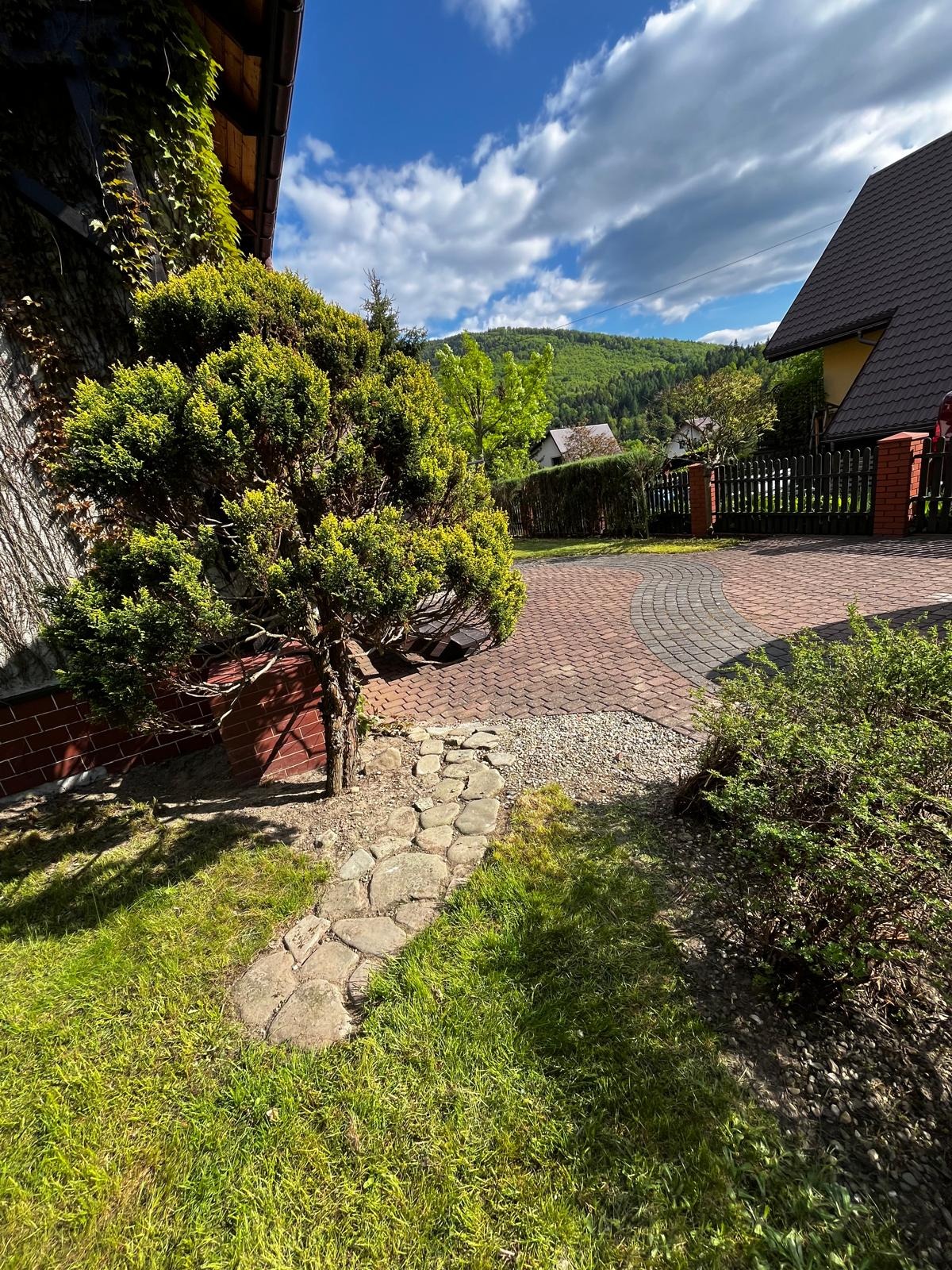 Ogród z krzewami i ścieżką z kamieni prowadzącą do brukowanego podjazdu. W tle domy i zalesione wzgórze pod błękitnym niebem z chmurami.