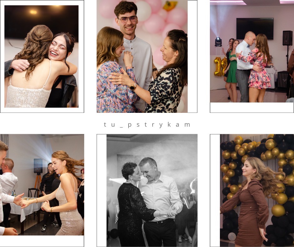 Kolaż sześciu zdjęć przedstawiających ludzi podczas uroczystości: wzruszone kobiety obejmujące się, rodzina pozująca na tle balonów, para tańcząca na tle dekoracji urodzinowych, tańcząca para przy...