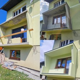 Remkop - Fotokompozycja przedstawiająca balkon budynku w trzech etapach: przed remontem z widocznymi uszkodzeniami betonu, w trakcie prac z rusztowaniem i wiadrem farby, oraz po remoncie z pomalowaną...