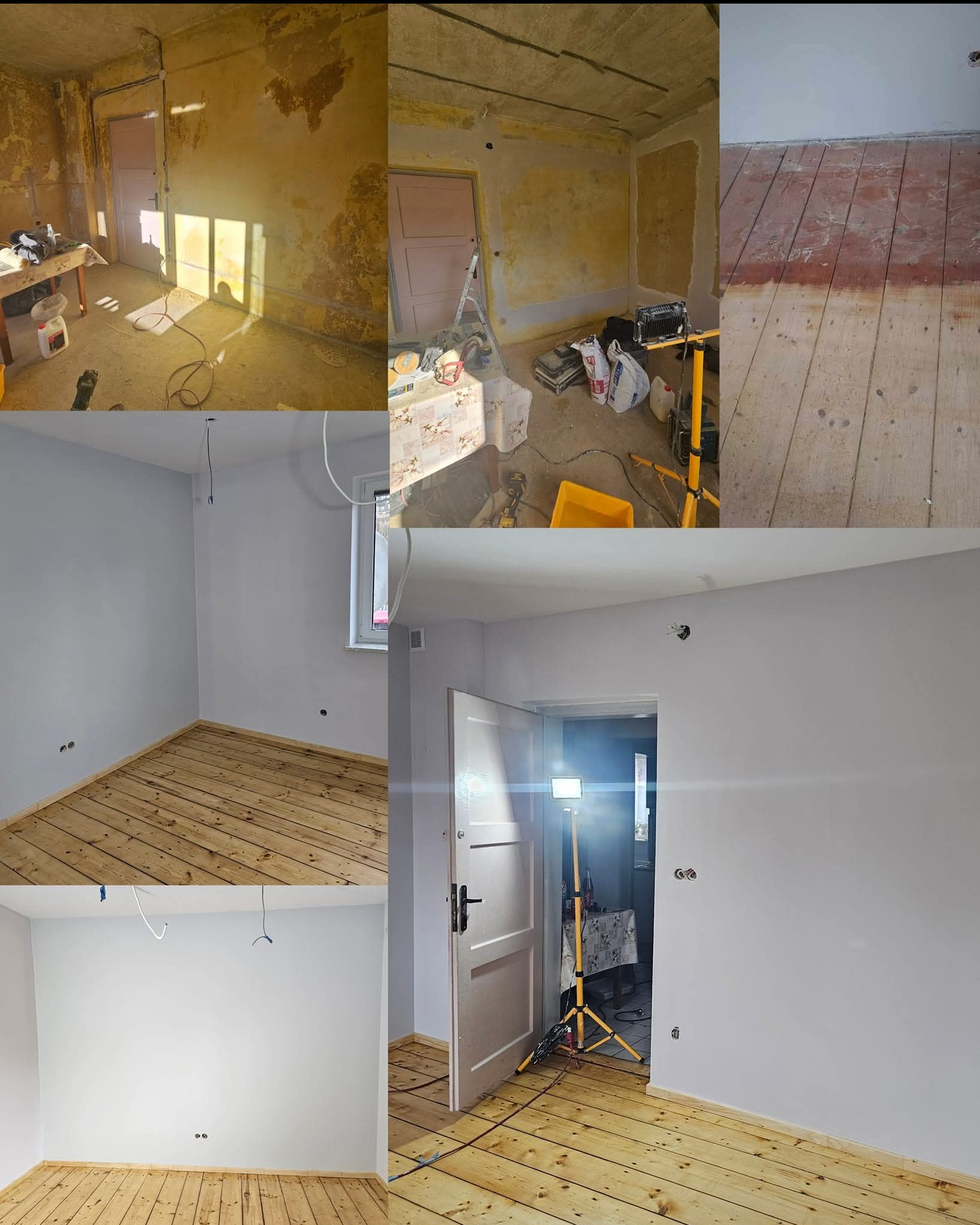 Mozaika zdjęć przedstawiająca pokój w trakcie odnawiania: od surowych ścian, przez częściowo zagruntowane, aż po pomalowane na szaro z odnowioną drewnianą podłogą.