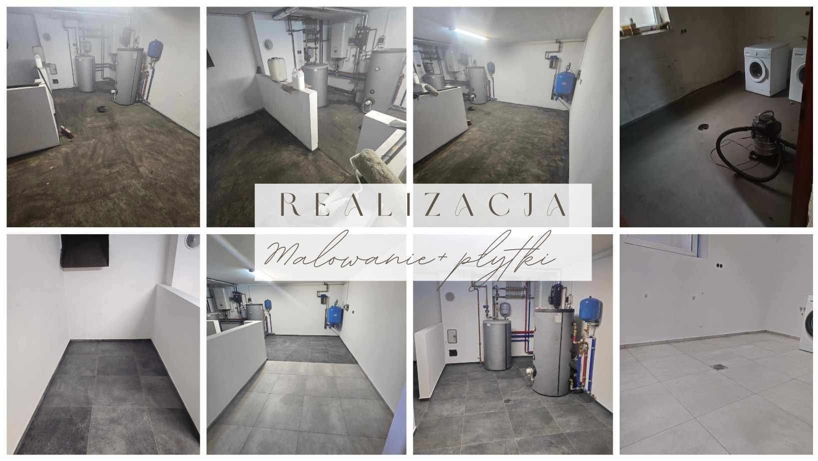 Kolaż przedstawiający pomieszczenie gospodarcze przed i po malowaniu oraz ułożeniu płytek podłogowych; widoczne bojlery, pralka i odkurzacz.
