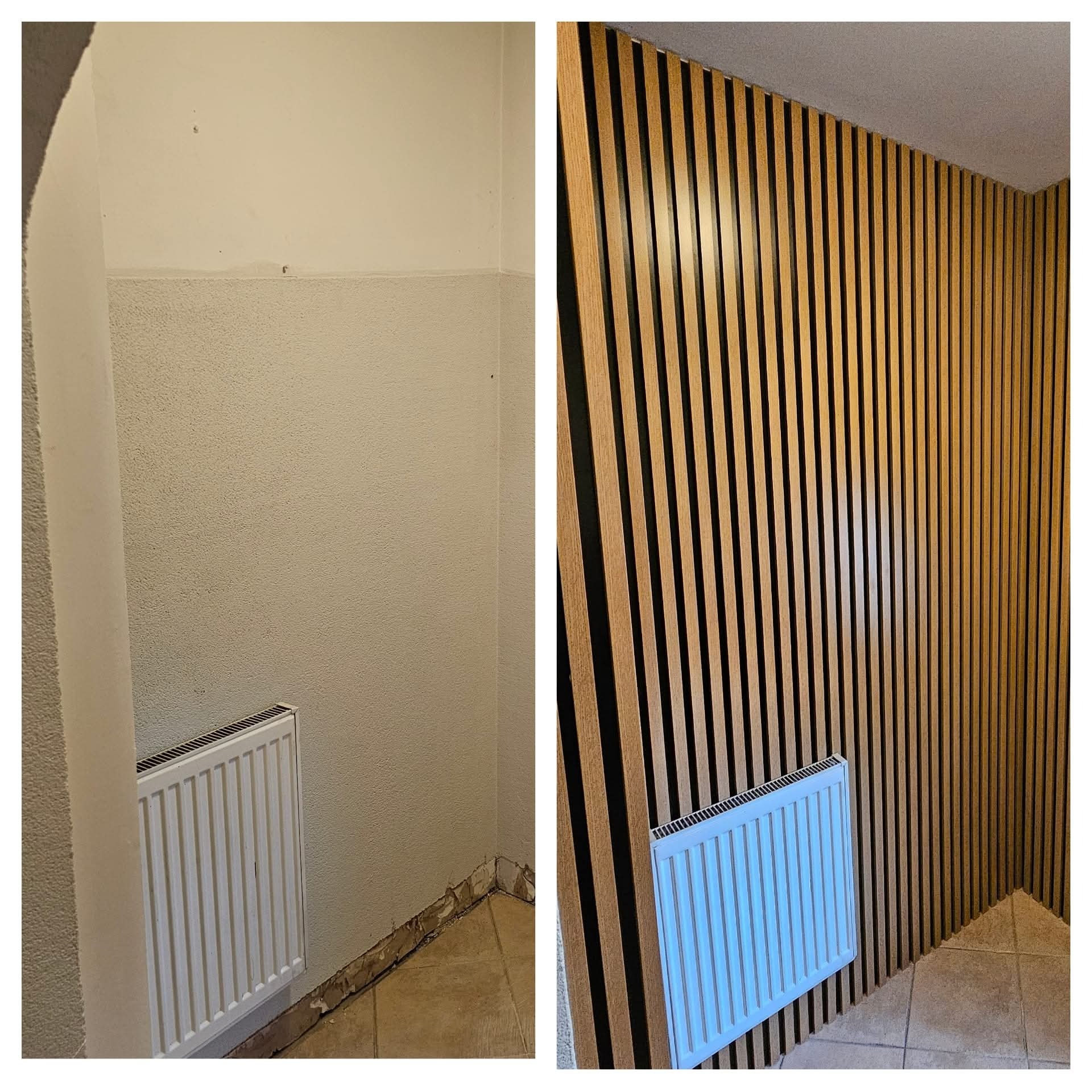 Porównanie ściany przed i po montażu paneli dekoracyjnych z drewna i czarnych listew, z widocznym grzejnikiem w obu ujęciach, ukazujące metamorfozę wnętrza.
