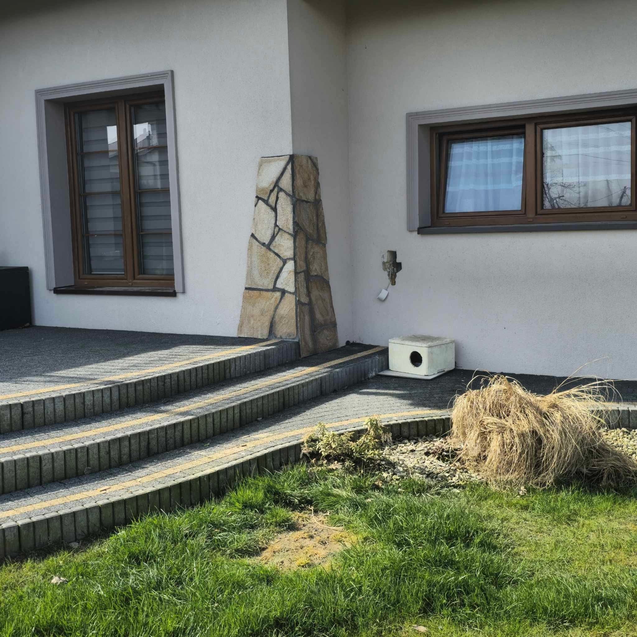 Zewnętrzne schody wejściowe z szarej kostki brukowej z żółtymi paskami, prowadzące do domu z oknami w brązowych ramach i kamienną kolumną dekoracyjną, obok trawnik z resztkami po koszeniu.