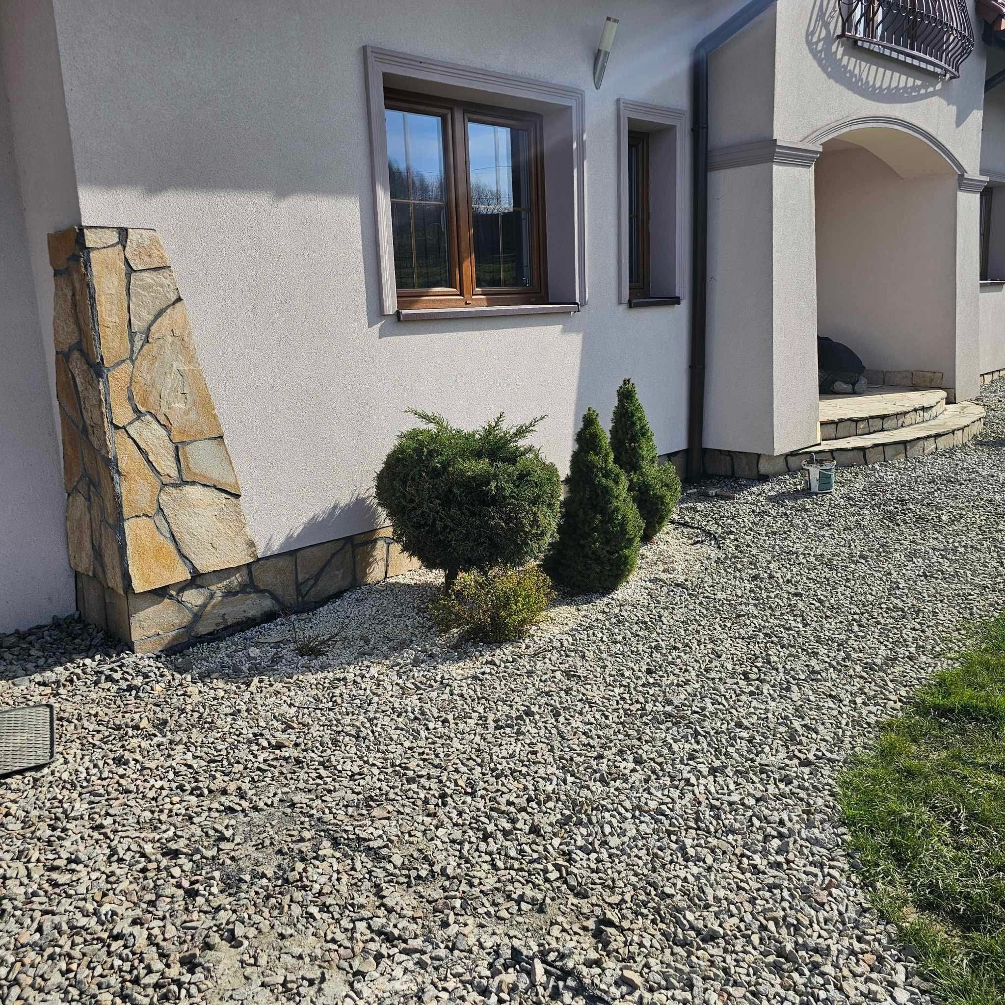 Wykończona elewacja domu z oknami w drewnianych ramach, kamienną okładziną narożnika i ozdobnymi krzewami na żwirowym podłożu.