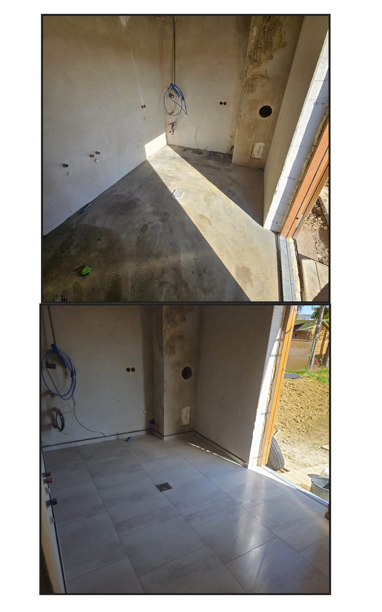 Dwuetapowe ujęcie remontowanego pomieszczenia: górne pokazuje wylewkę podłogową w surowym stanie z wystającymi przewodami, a dolne prezentuje wyłożoną szarą terakotą podłogę z kratką ściekową,...