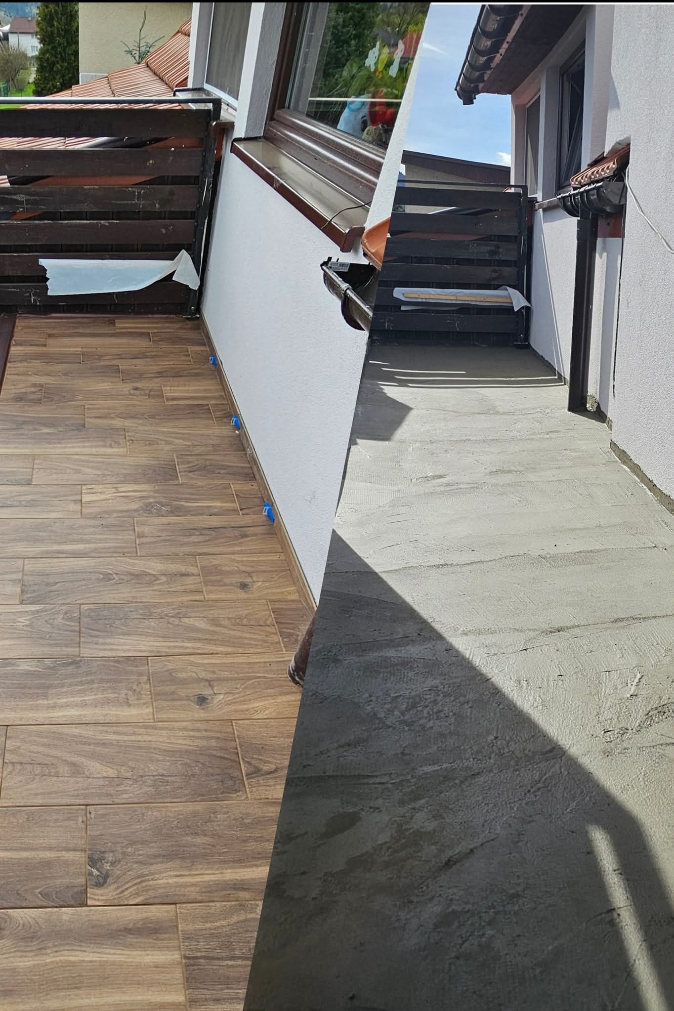 Porównanie stanu przed i po: Ułożone płytki imitujące drewno na balkonie z widocznymi niebieskimi krzyżykami dystansowymi, kontrastujące z surowym betonem na drugim balkonie.