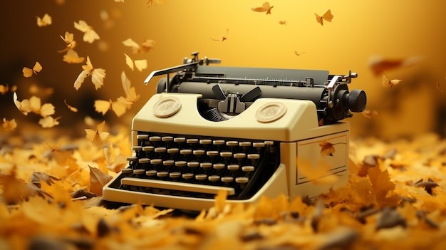Vintage beżowa maszyna do pisania otoczona opadającymi, pomarańczowymi liśćmi na rozmytym, złotym tle.