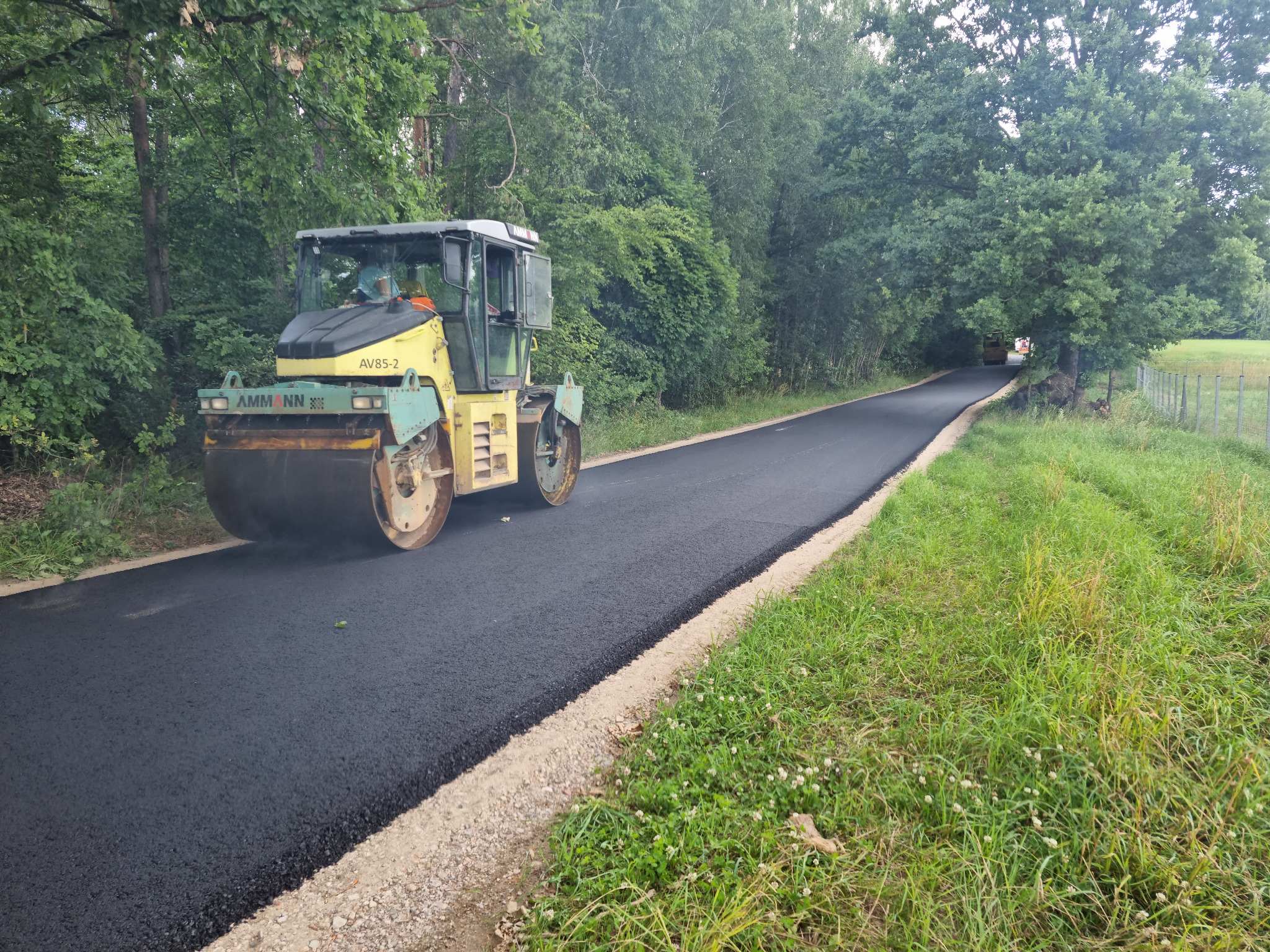 Walec drogowy marki Ammann AV85-2 ubija świeżo wylany asfalt na leśnej drodze gruntowej, widoczny drugi walec w oddali.