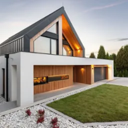 Nowoczesny dom jednorodzinny z elewacją z białego tynku i drewnianych paneli, oświetlony numer posesji '35a', ogród z białymi kamieniami i trawnikiem.