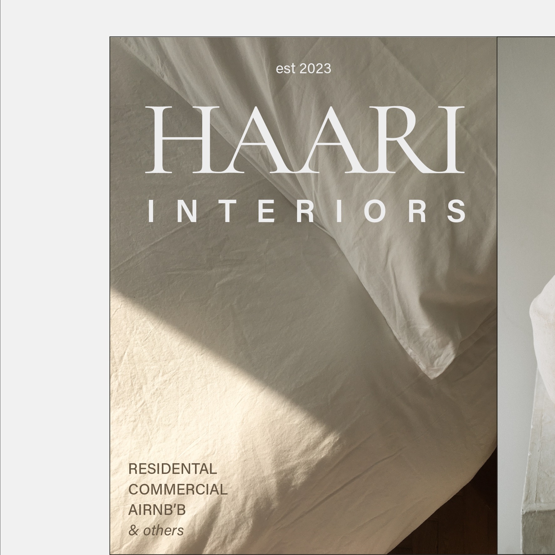Grafika reklamowa Haari Interiors z tekstem 'Residential, Commercial, Airbnb & others' na tle pościeli w minimalistycznym stylu z efektem światła słonecznego.