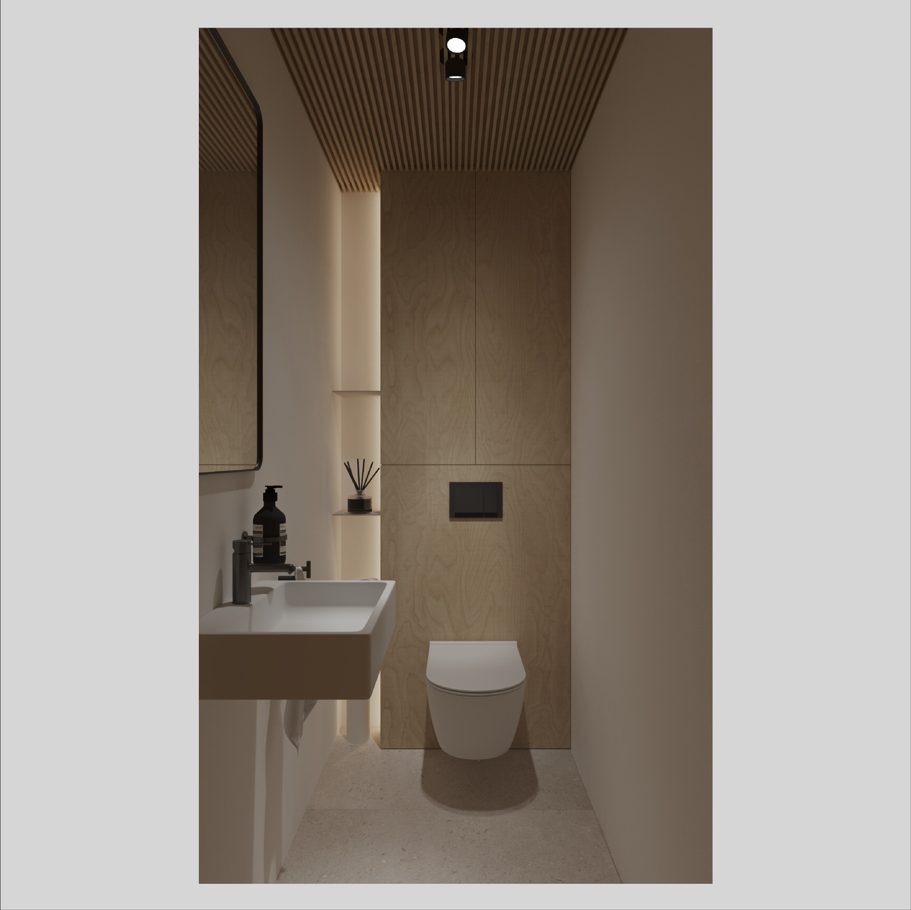 Minimalistyczna łazienka z drewnianą zabudową, wiszącą toaletą i prostokątną umywalką nablatową, oświetlenie punktowe na drewnianym suficie lamelowym, dyfuzor zapachowy na półce.