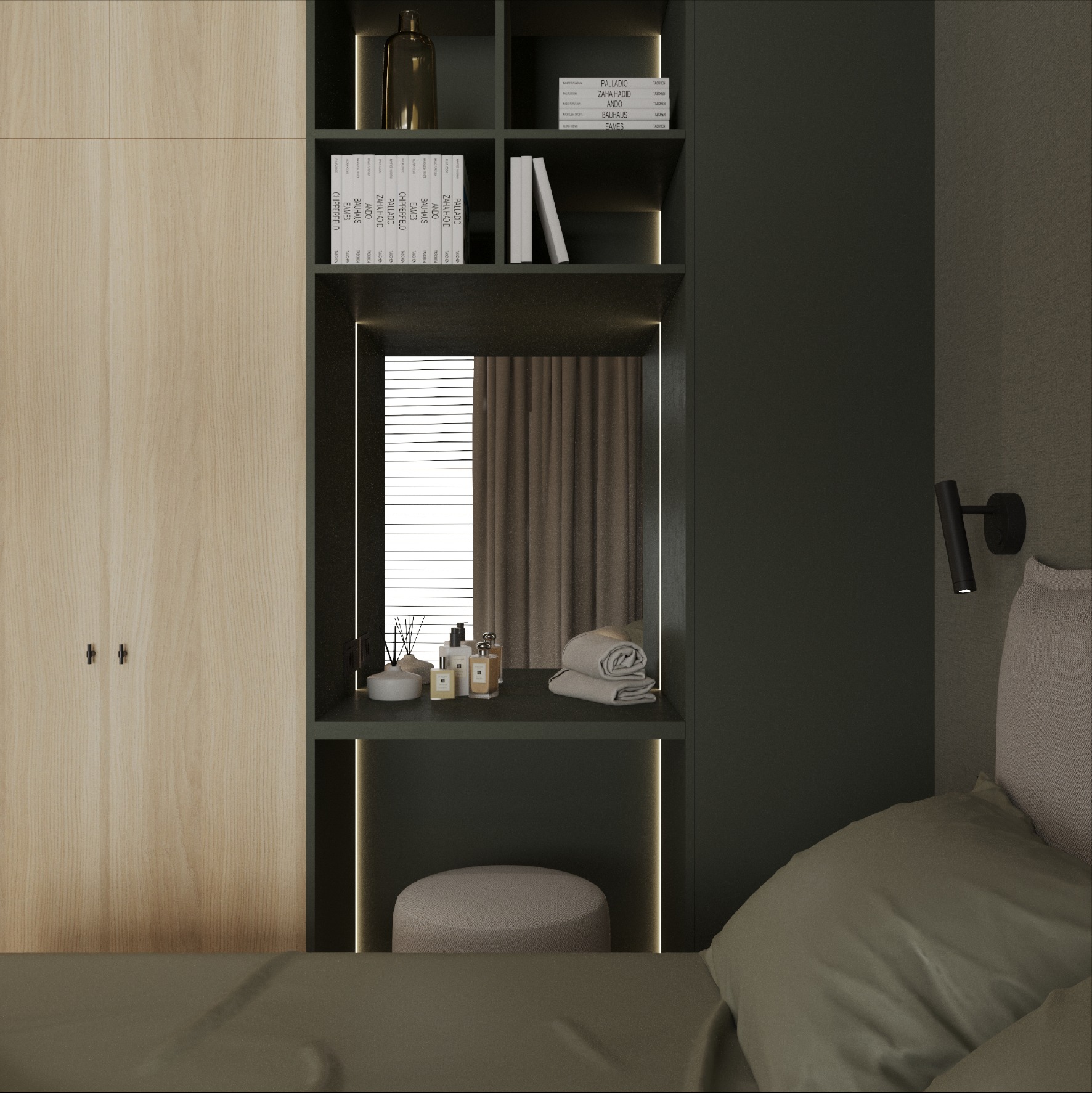 Nowoczesna sypialnia z zabudową meblową w odcieniach beżu i szarości, zawierająca szafę, półki z książkami o architekturze, toaletkę z kosmetykami i pufę, oświetloną listwami LED.