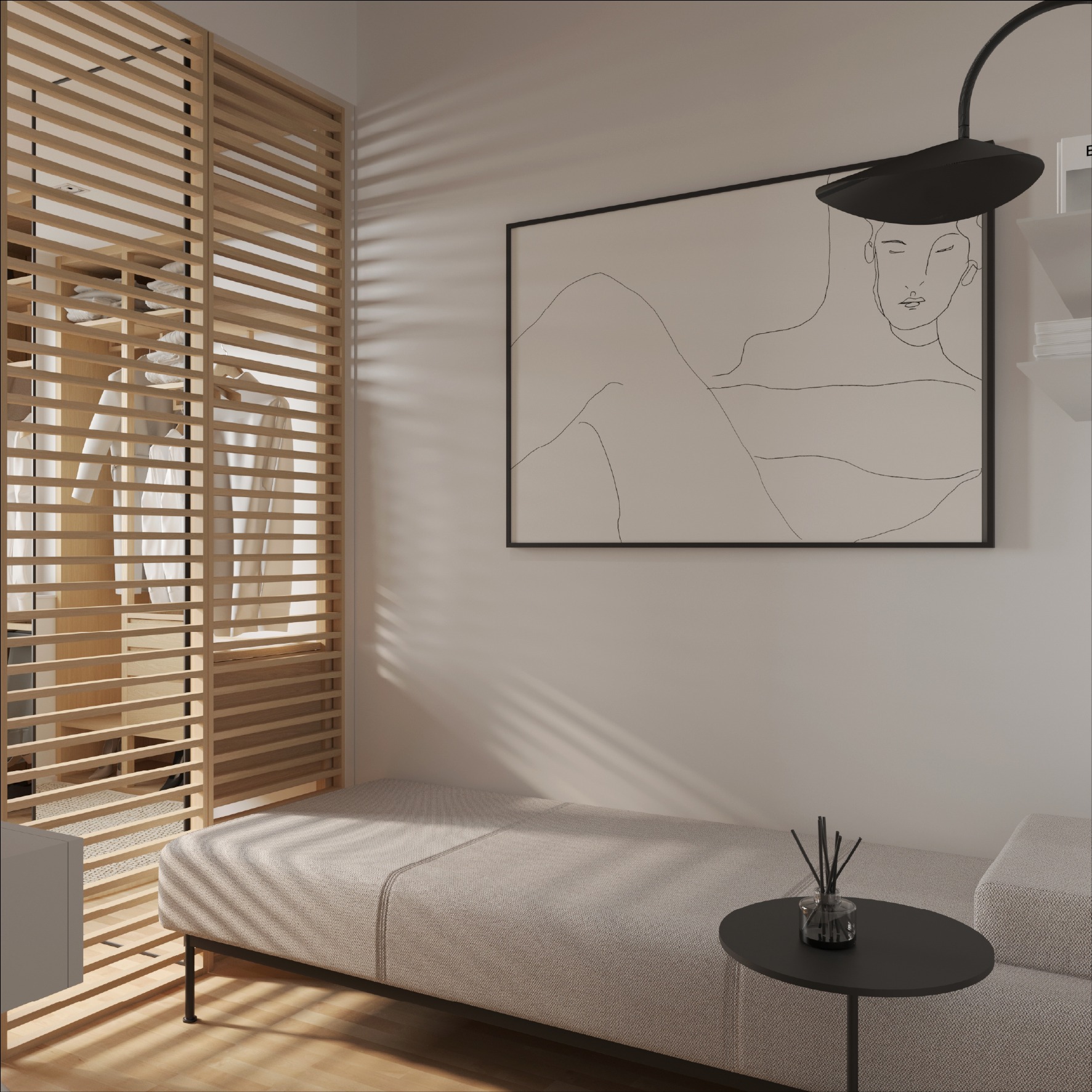 Minimalistyczna sypialnia z łóżkiem dziennym, szafą z drewnianymi lamelami, czarnym stolikiem i linearnym portretem kobiety na ścianie.