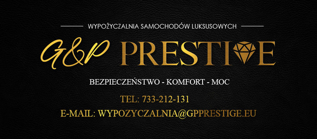Eleganckie logo firmy z Łodzi 'G&P Prestige' oferującej wynajem samochodów luksusowych, z diamentem w nazwie, na czarnym skórzanym tle, z informacjami kontaktowymi.