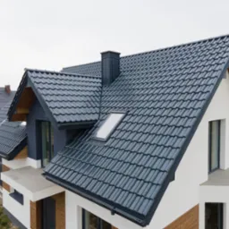 Nowoczesny dom jednorodzinny z ciemnoszarą dachówką ceramiczną, widoczny komin i okno dachowe, na sąsiednim budynku panele solarne.