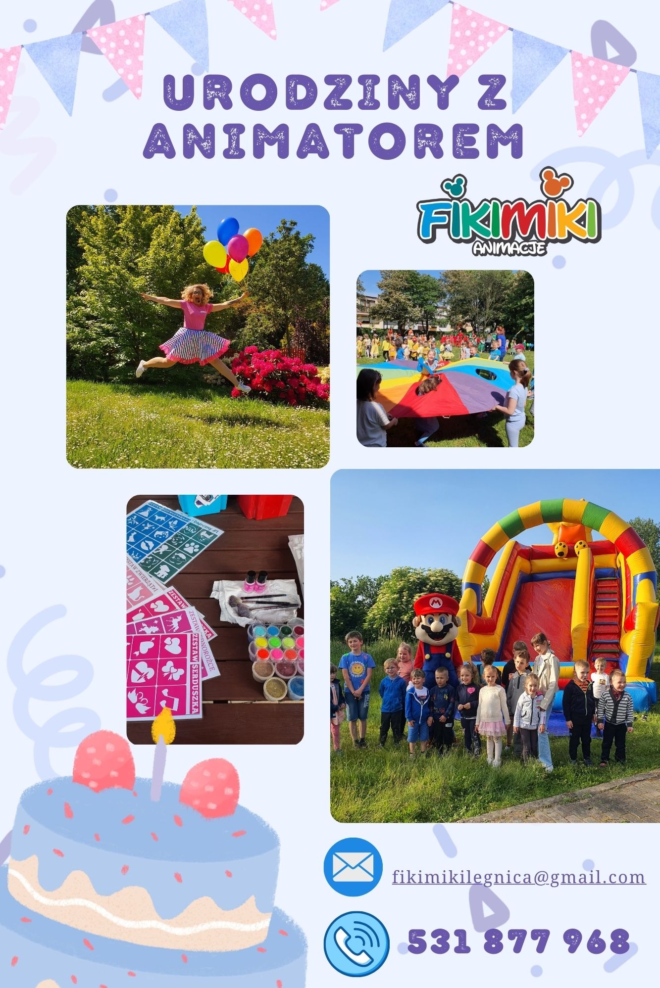 Kolaż zdjęć z urodzin z animatorem: dziewczynka skacząca z balonami, dzieci bawiące się chustą animacyjną, akcesoria do malowania twarzy i dmuchany zamek z animatorem Mario.