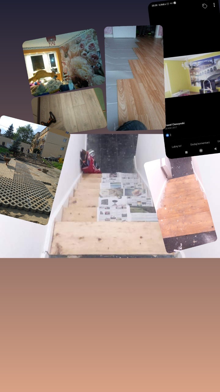 Mozaika zdjęć przedstawiająca różne etapy prac wykończeniowych: układanie paneli podłogowych, schody w trakcie renowacji zabezpieczone gazetami, ułożona ażurowa kostka brukowa na podjeździe.