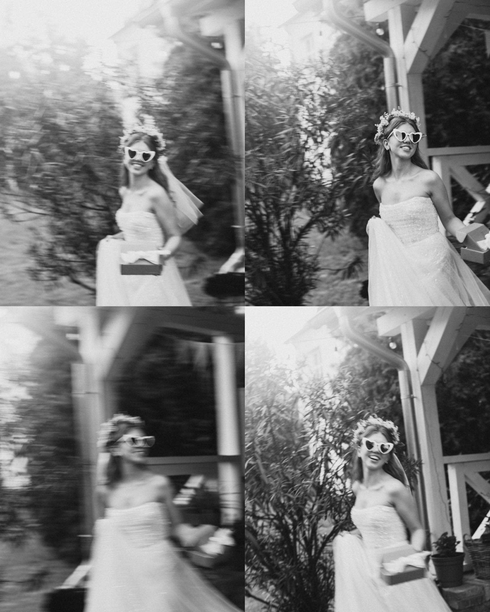 Czarno-białe, poczwórne ujęcie panny młodej w sukni, z wieńcem i okularami w kształcie serc, trzymającej pudełko, z rozmytym ruchem w tle.