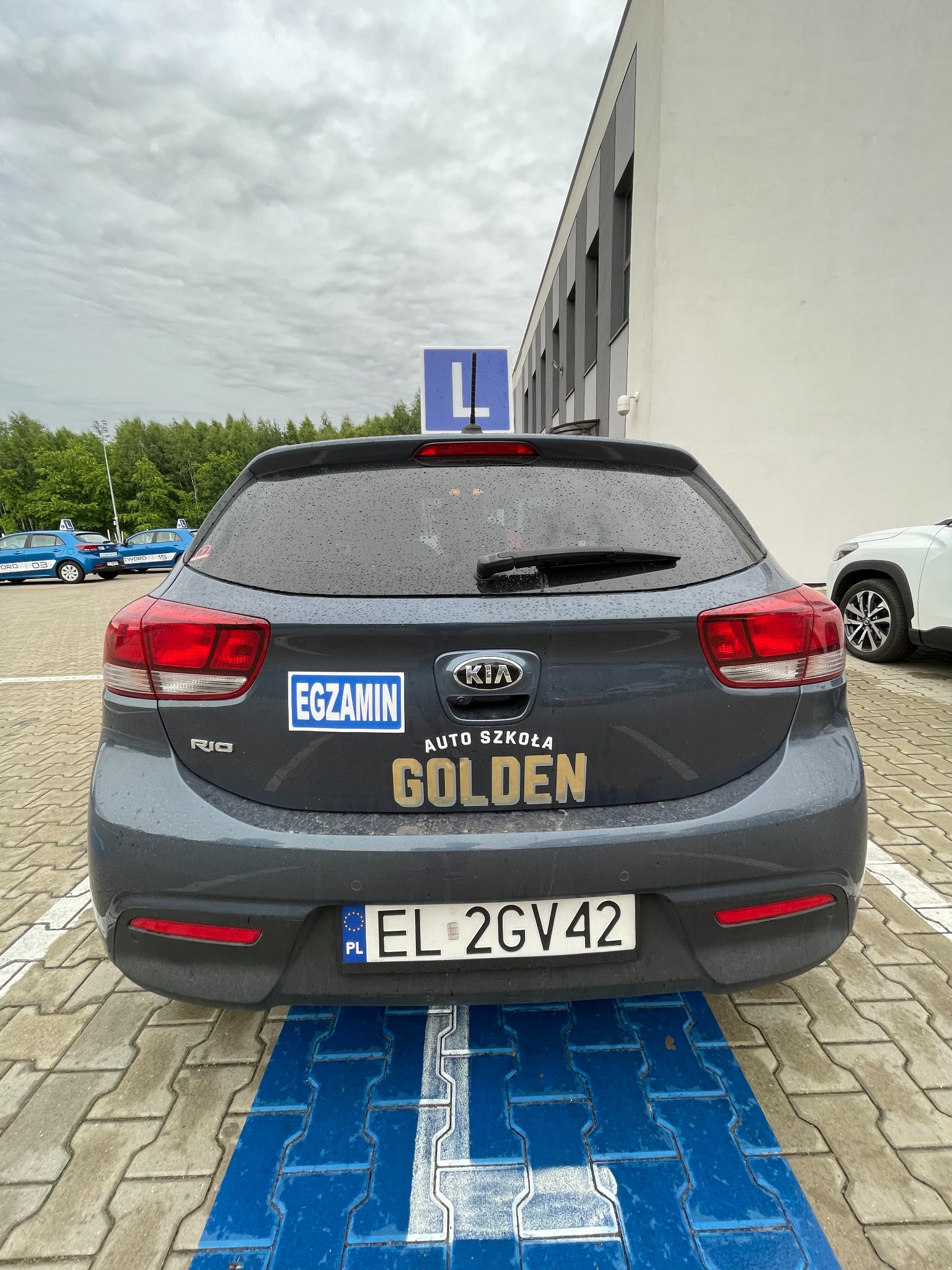 Szary samochód Kia Rio z naklejką 'Egzamin' i oznaczeniem 'L' na dachu, zaparkowany na miejscu dla niepełnosprawnych przed budynkiem, w tle widoczne inne samochody.