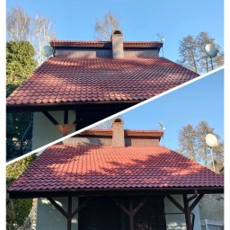 Piotr Bagiński Dachy - Renowacja i odnowa - Zdjęcie dachu przed i po renowacji, ukazujące różnicę w kolorze i czystości. Widoczny komin, rynny i antena satelitarna. Jasne niebo w tle.