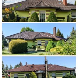 Piotr Bagiński Dachy - Renowacja i odnowa - Dom jednorodzinny z brązowym dachem i zielono-brązową elewacją, otoczony zielenią. Widoczne detale architektoniczne i zadbany ogród. Ujęcie z różnych perspektyw.