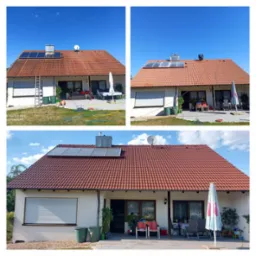 Dom jednorodzinny z czerwonym dachem, na którym zamontowane są panele słoneczne i antena satelitarna. Zdjęcie pokazuje stan dachu przed i po czyszczeniu, widoczna różnica w kolorze dachówek.