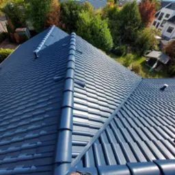 Świeżo pomalowany, błyszczący, granatowy dach z ceramicznej dachówki widziany z góry, z pracownikiem na drabinie w lewym górnym rogu i otoczeniem drzew i budynków w tle.