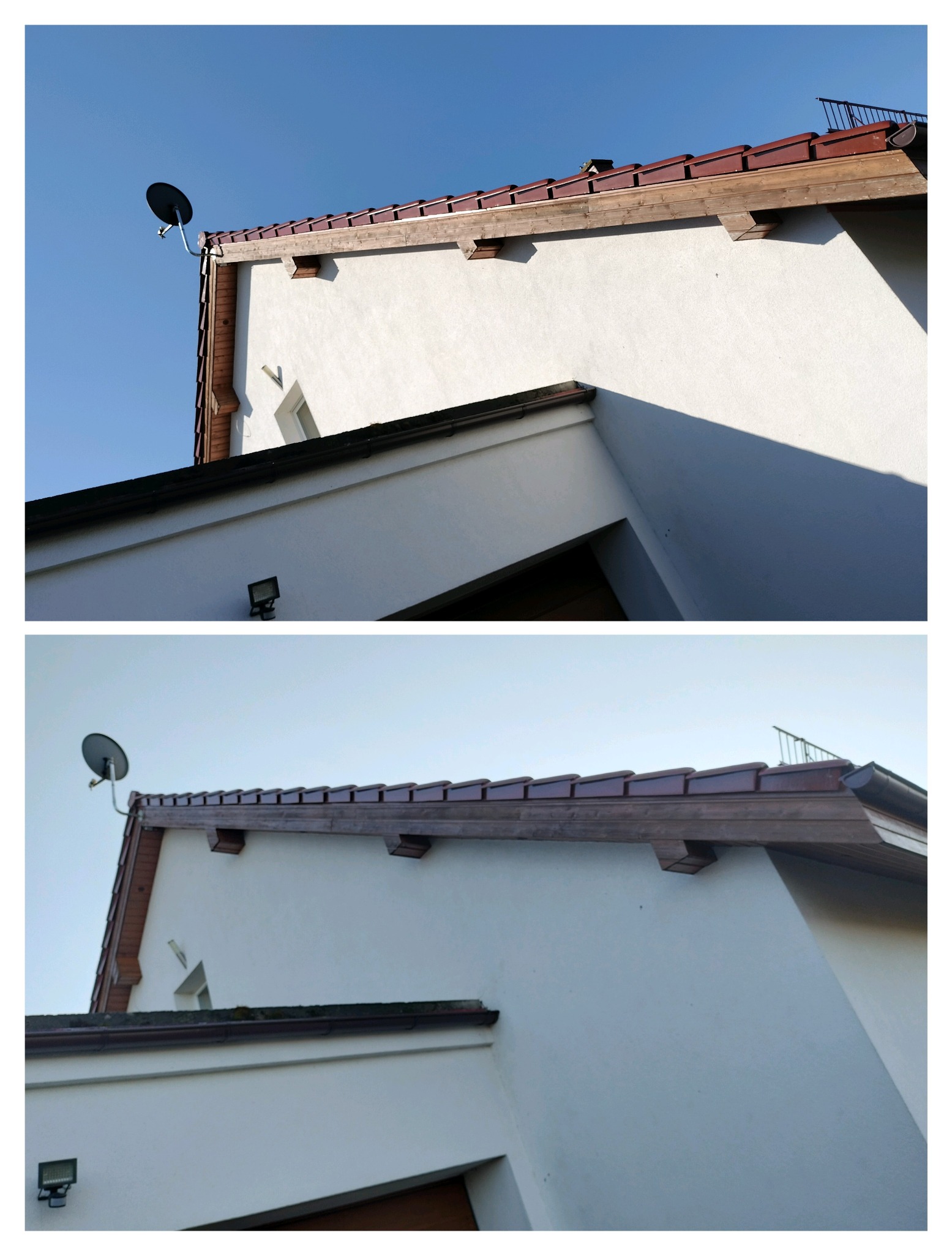 Fragment elewacji domu z widocznym dachem z brązową dachówką, rynnami i anteną satelitarną na tle błękitnego nieba. Ujęcie z dołu, podkreślające geometrię budynku.