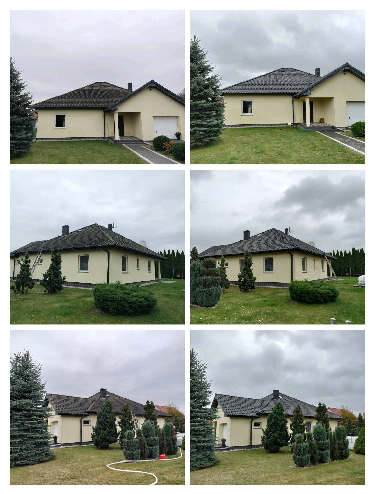 Żółty dom jednorodzinny z ciemnym dachem po malowaniu, widoczny z różnych perspektyw na tle pochmurnego nieba i zielonego ogrodu. Na dachu drabina.