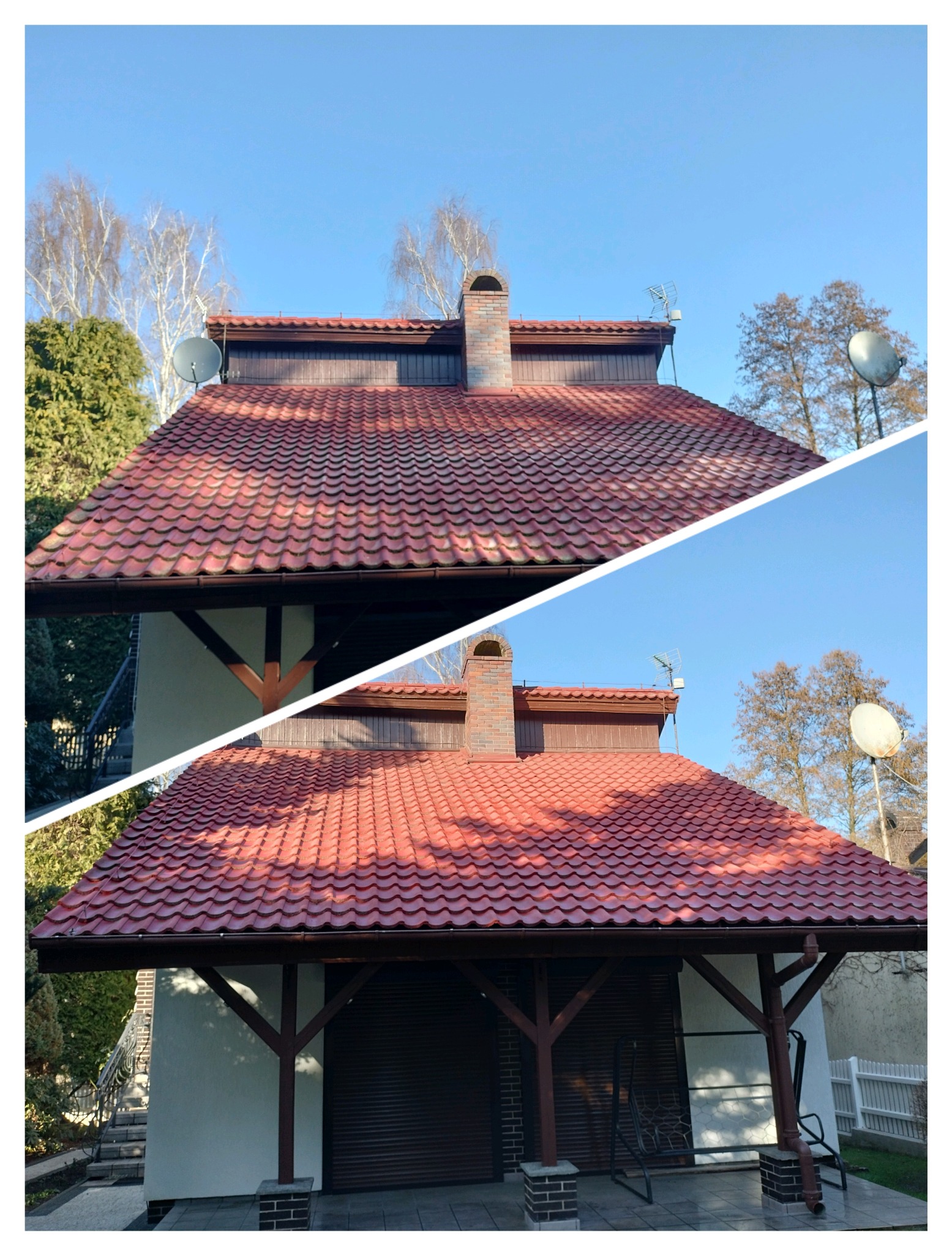 Zdjęcie dachu przed i po renowacji, ukazujące różnicę w kolorze i czystości. Widoczny komin, rynny i antena satelitarna. Jasne niebo w tle.