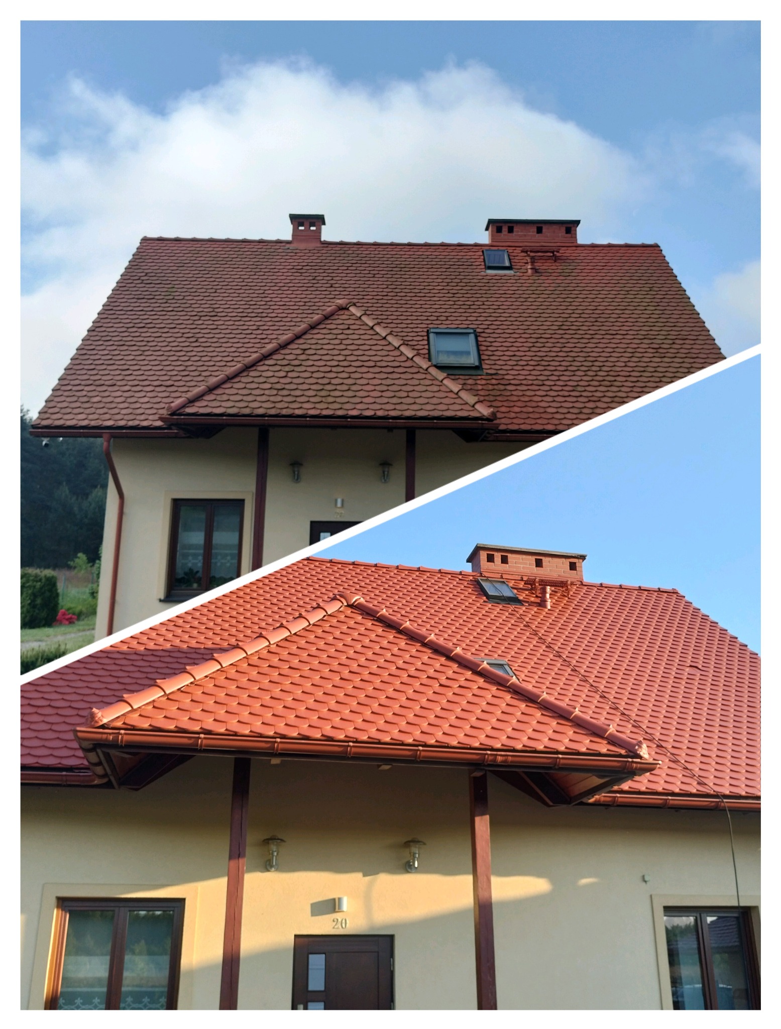 Zdjęcie dachu domu przed i po renowacji, z wyraźnym kontrastem kolorów i czystości. Widoczne detale dachówki, komina i rynien. Ujęcie z dołu, podkreślające efekt odnowienia.