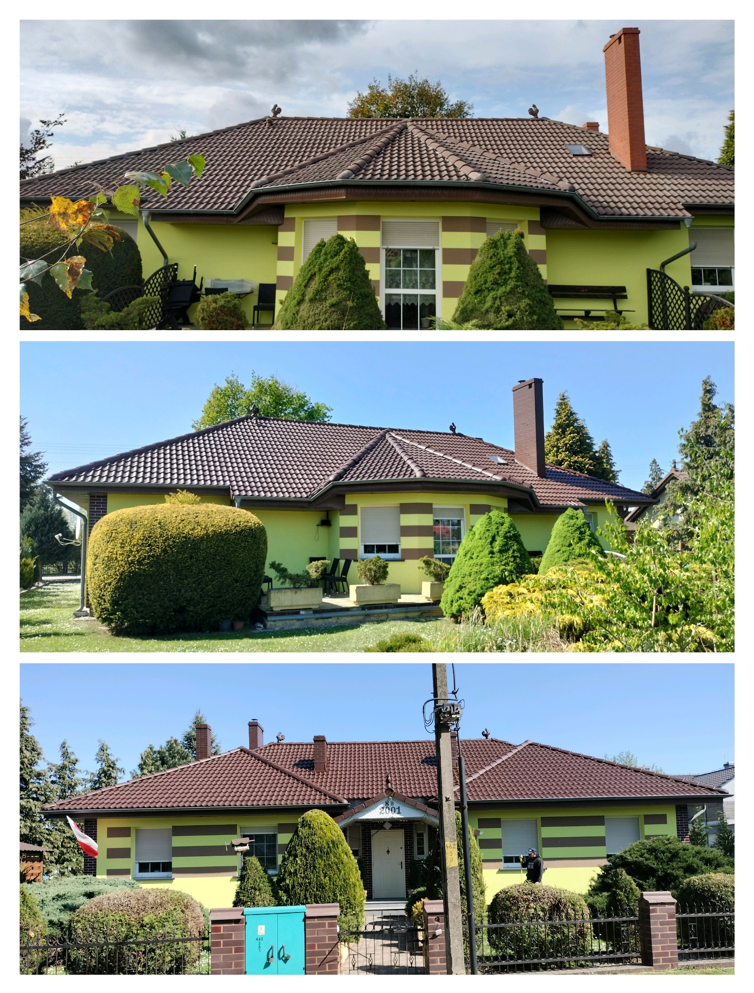 Dom jednorodzinny z brązowym dachem i zielono-brązową elewacją, otoczony zielenią. Widoczne detale architektoniczne i zadbany ogród. Ujęcie z różnych perspektyw.