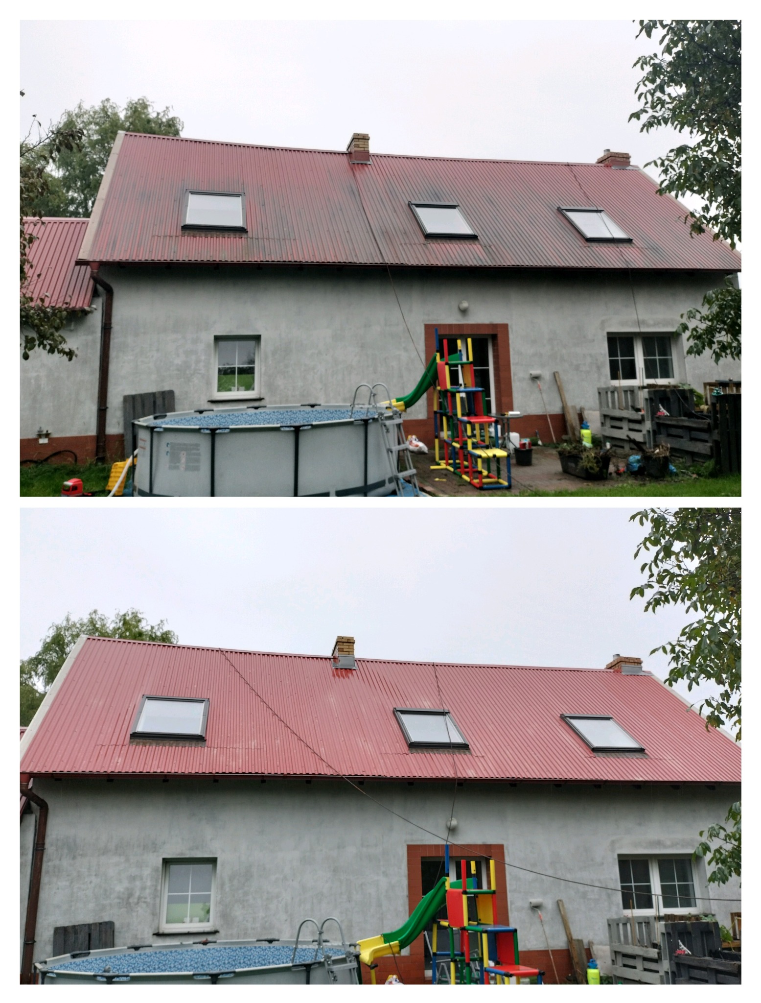 Zdjęcie dachu z blachy trapezowej w odcieniach czerwieni, z trzema oknami dachowymi. Widoczne ślady po czyszczeniu. Na dole kadru basen i zabawki.