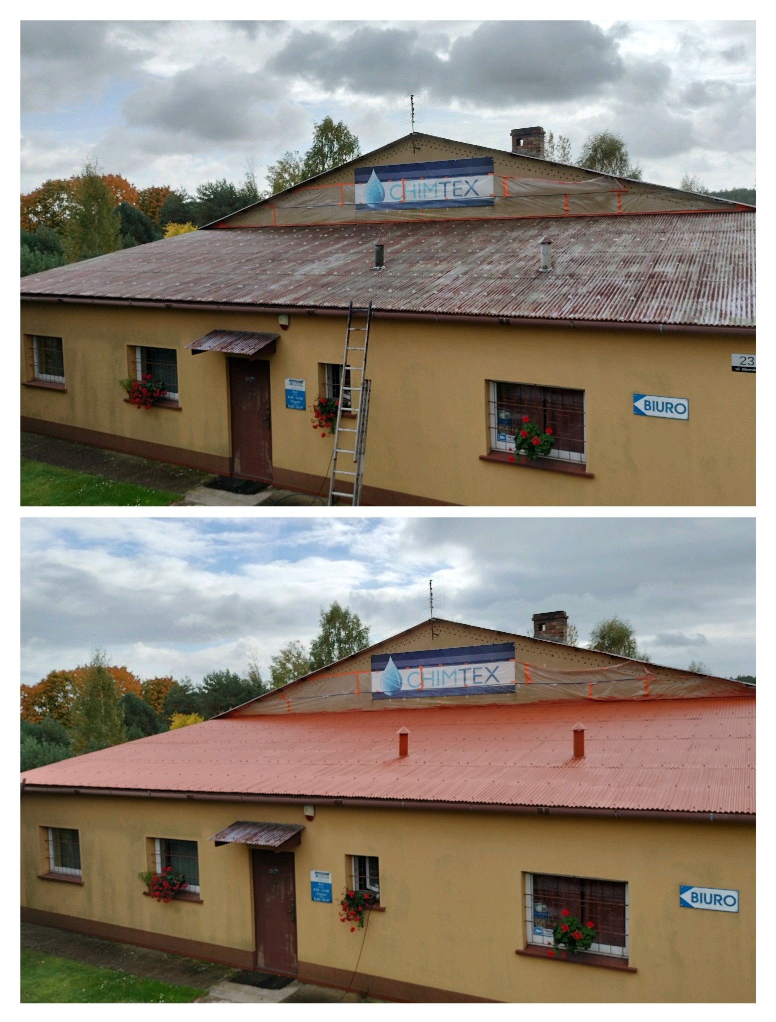 Zdjęcie dachu budynku przed i po malowaniu. Na górnym zdjęciu dach jest zardzewiały, na dolnym pomalowany na czerwono. Widoczna drabina i budynek z oknami.