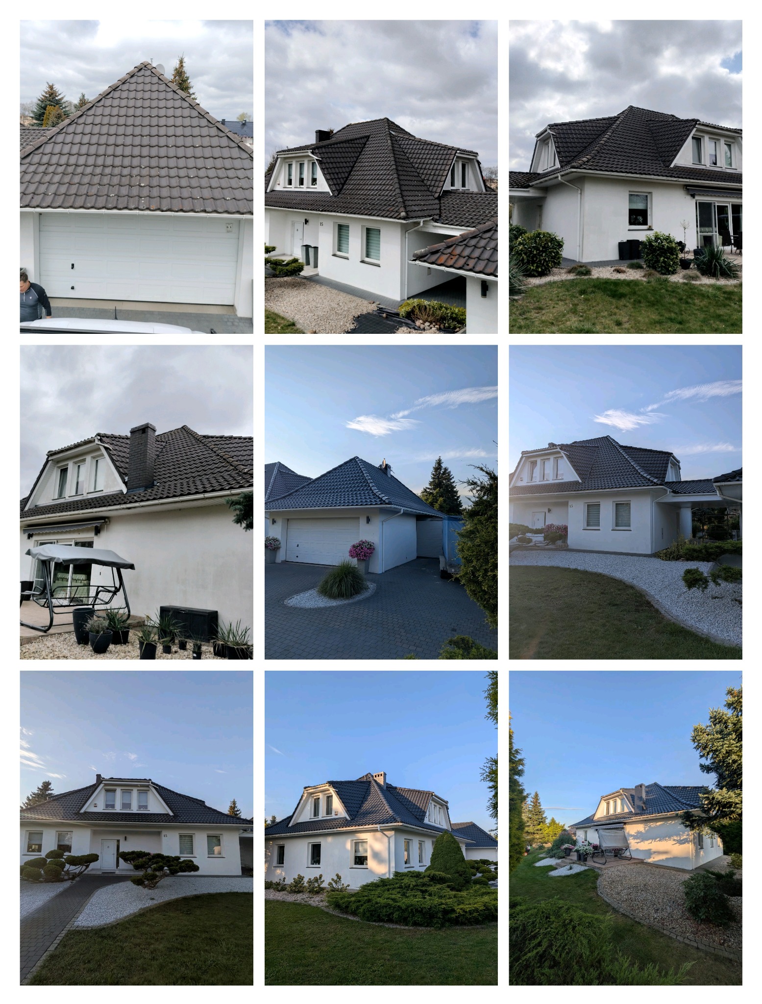 Kolaż dziewięciu zdjęć domu jednorodzinnego z ciemnym dachem i białą elewacją, prezentujących różne ujęcia budynku i jego otoczenia w słoneczny dzień.