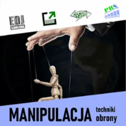 Marionetka sterowana przez dłoń w garniturze na tle globu ziemskiego, z logotypami firm szkoleniowych u góry i napisem 'Manipulacja techniki obrony' u dołu, sugerująca tematykę kontroli i wpływu.