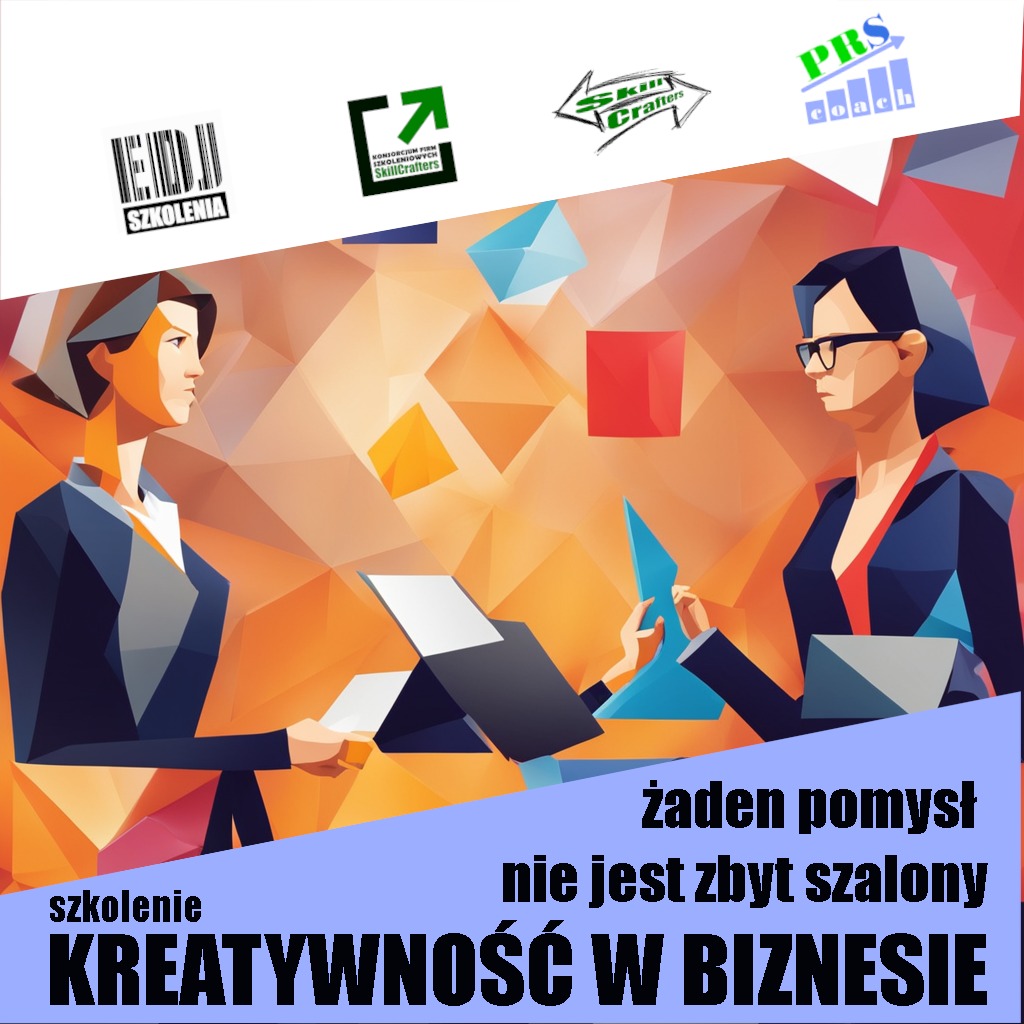 Abstrakcyjna grafika przedstawiająca dwie osoby w biznesowych strojach, wymieniające się dokumentami na tle geometrycznych kształtów i logo firm szkoleniowych, z hasłem 'Szkolenie Kreatywność...