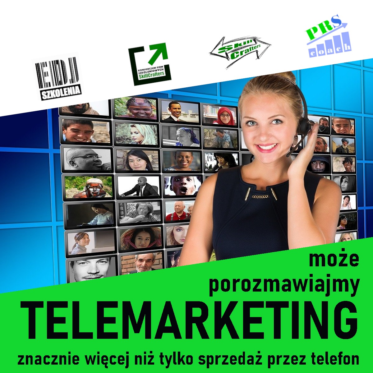 Kobieta z uśmiechem na twarzy w słuchawkach na tle monitora z wizerunkami różnych osób oraz logotypami firm szkoleniowych i napisem 'Telemarketing - znacznie więcej niż tylko sprzedaż przez telefon'.