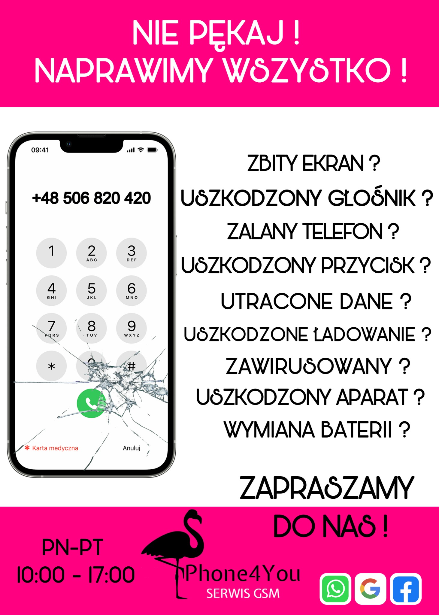Reklama serwisu GSM: Grafika przedstawia smartfon z pękniętym ekranem, wyświetlający klawiaturę numeryczną i numer telefonu. Obok lista usług: zbity ekran, uszkodzony głośnik, zalany telefon...