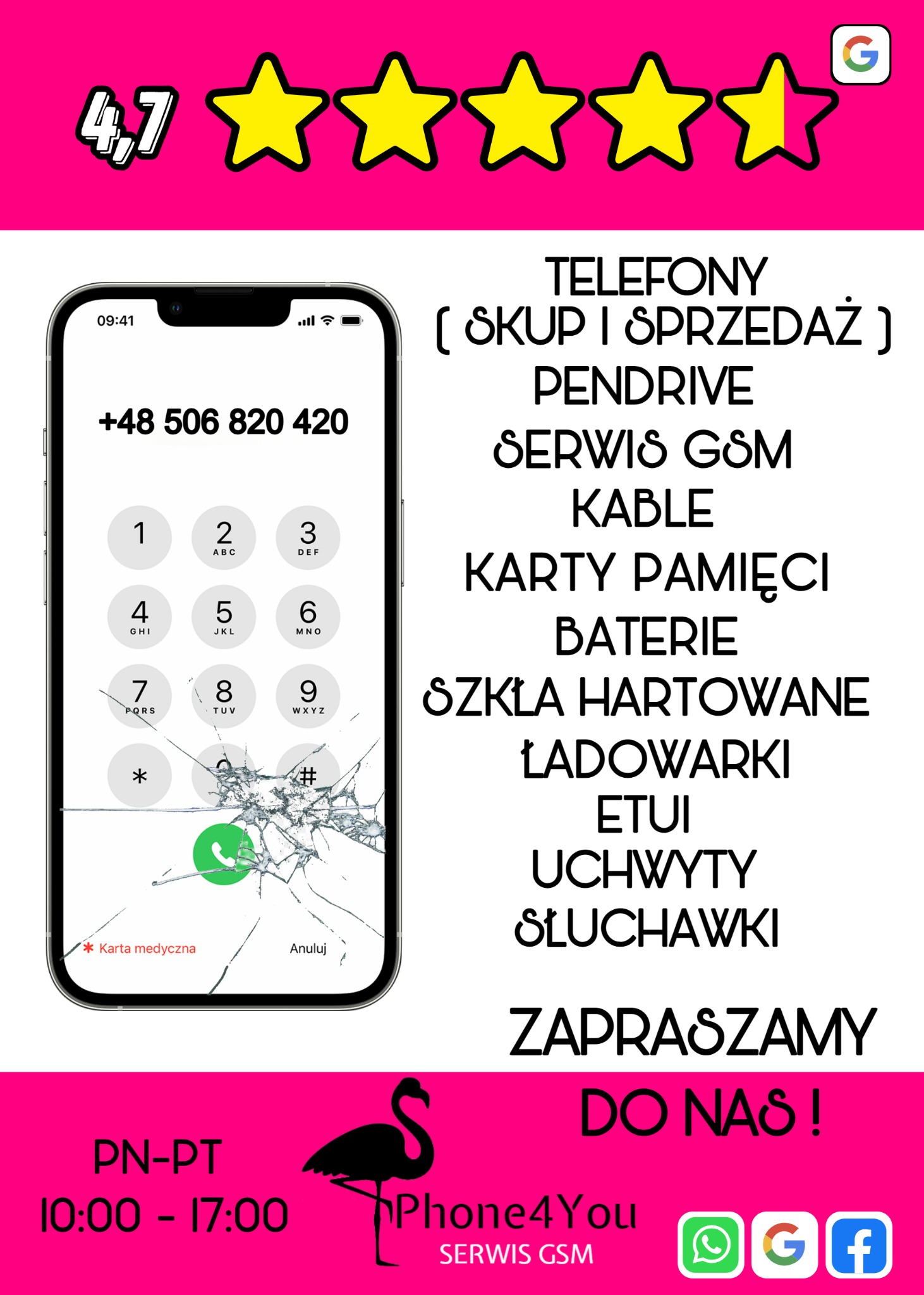 Reklama serwisu GSM: wyświetlacz telefonu z pękniętą szybą i włączoną klawiaturą numeryczną, na tle różowego baneru z ofertą usług, oceną 4.7 i logo firmy.