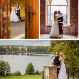 fotosergiel - Kolaż z trzech ujęć pary młodej: taniec w sali, pocałunek przy oknie w ceglanym wnętrzu i widok na jezioro z balkonu. Nietypowe, swobodne stroje.