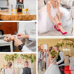 fotosergiel - Kolaż z przygotowań do ślubu: toast whisky, zakładanie podwiązki, zapinanie mankietów, para młoda przed ołtarzem i podczas pocałunku.
